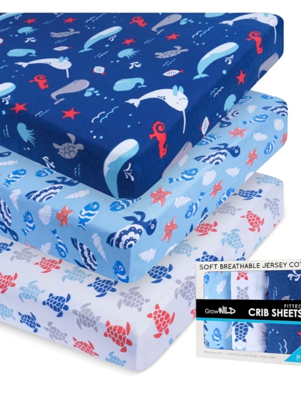 Nautical Animal Crib Sheet Set - Blue & Navy Sea Creatures